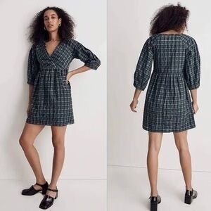 Madewell Marianna Puff-Sleeve Mini Dress green blue plaid pattern size M